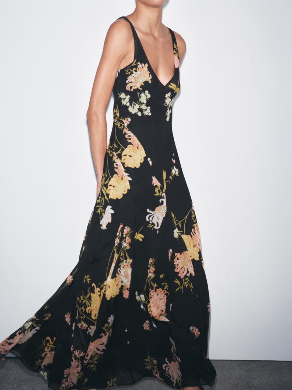 Nwot!! Zara Black Floral V-Neck Maxi Dress With Pink And Yellow Accents